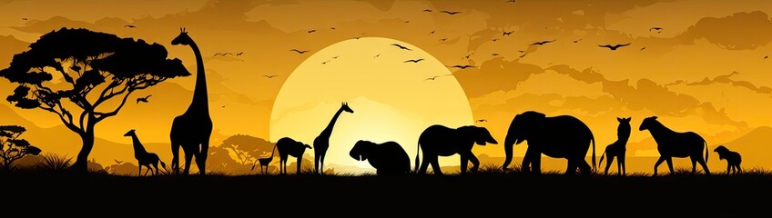 a group of animals are silhouetted in the style of dark white and yellow Generative AI