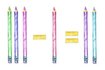 Watercolor math pencils three minus one equals two on a white background