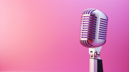 Professional microphone with pink purple background banner, Podcast or recording studio background copy space