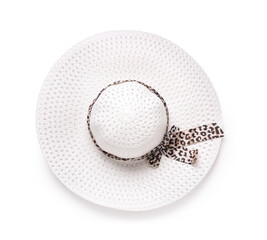 Stylish new beach hat on white background