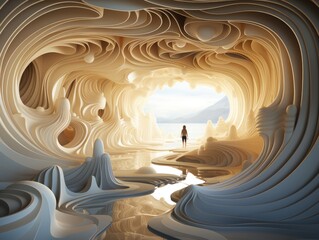 Illustration of a man standing in a cave with a breathtaking view of the water. Generative AI
