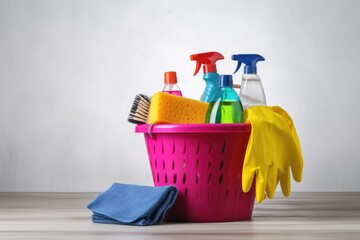 Bucket with cleaning products on the table on a gray background