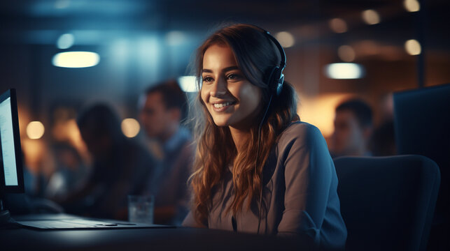Women in a call center environment are diligently working with a warm smile, delivering courteous and attentive service while sitting in front of their laptops. The scene is enhanc 
