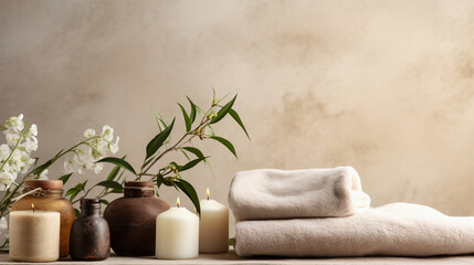 Natural cosmetics, ingredients, and bathroom or spa accessories elegantly organized against the backdrop of a banner.