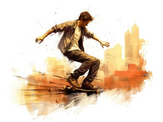 Illustration of a skater performing a trick on a skateboard ramp. Generative AI