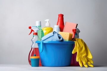 Bucket with cleaning products on the table on a gray background