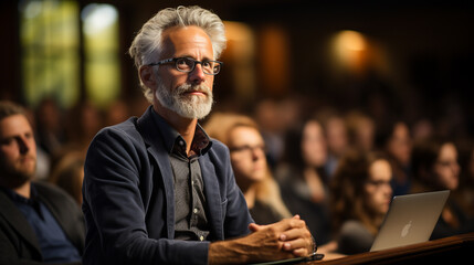 Generative AI, a gray-haired old mature professor in glasses stands against the backdrop of a university office, an audience, a researcher, a scientist, a doctor of science, a lecturer