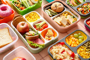 Many lunchboxes with different delicious food on pink tile background