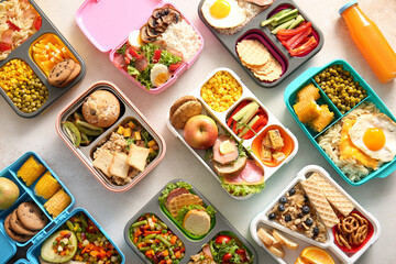 Many lunchboxes with different delicious food on light background