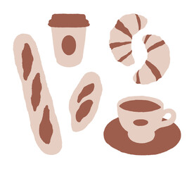 Bread, croissants and coffee. Cafe set. Hand drawn vector illustration isolated on white background