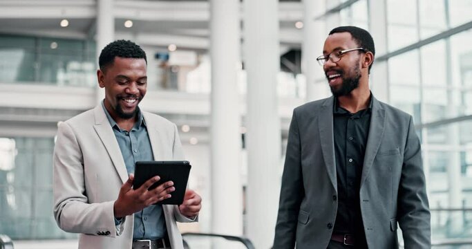 Teamwork, collaboration and walking with business people and tablet for feedback, planning and proposal. Consulting, networking and advice with african employees for project, communication or mentor