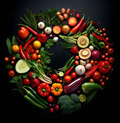 Composition with variety of raw organic vegetables on black background, top view