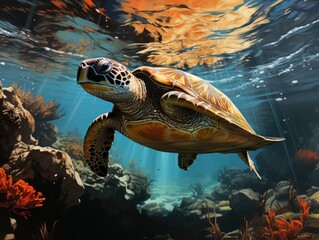 Illustration of a serene underwater scene with a graceful turtle swimming in the ocean. Generative AI