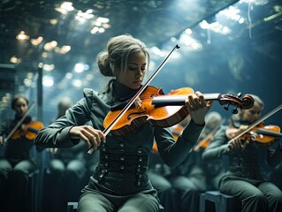 Fototapeta premium Illustration of a woman playing the violin in front of an captivated audience. Generative AI