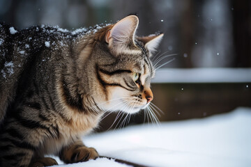 Striped cat surprised by snow in the garden in winter. Generative AI