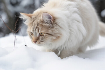 White cat exploring snow in the garden in winter, closeup. Generative AI
