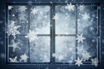 Winter window decorated with snowflakes. Generative AI