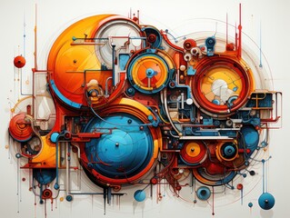 Illustration of an abstract painting with vibrant orange and blue circles. Generative AI