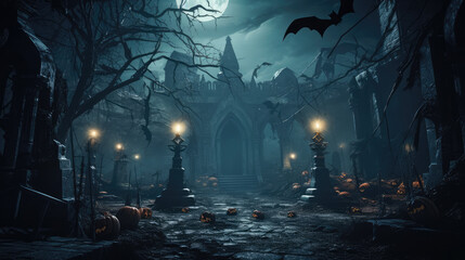 Graveyard in full moon night with spooky forest for Halloween background.
