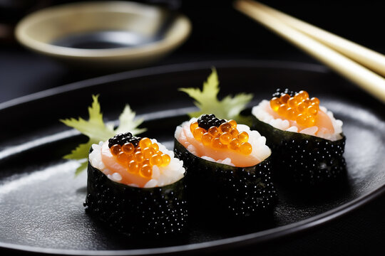 Luxury sushi rolls decorated with red and black caviar. Generative AI
