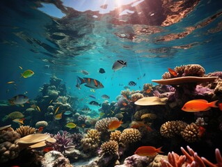 Illustration of a vibrant underwater ecosystem with a school of fish swimming above a colorful coral reef. Generative AI