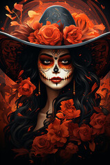 La Catrina dia de muertos Figur mit Maske / Make-up. Dekoriert mit Blumen. Tag der Toten in Mexico. Hochkant. Hochformat. Generative Ai.
