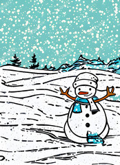 Captivating Snowman With Scarf and Warm Hat in Snowy Winter Wonderland: Discover the Magic of the Season Comic Style Illustration Generative Ai