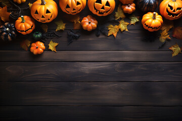 Halloween background, pumpkins on a wooden dark brown desk with a copy space. flat lay. High quality photo