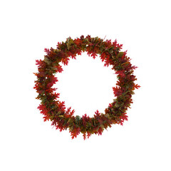 Round frame with orange and yellow maple leaves. Happy Thanksgiving Bright autumn wreath with gifts of nature and branches. 