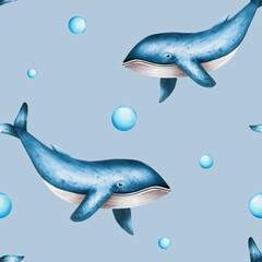 Watercolor seamless pattern with blue whales isolated on white background. Hand painting realistic Arctic and Antarctic ocean mammals. For designers, decoration, postcards, wrapping paper, scr