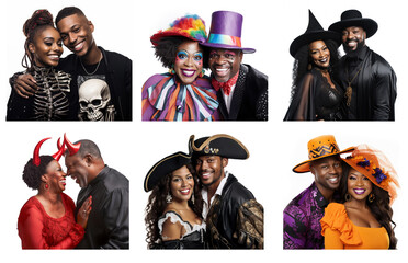 Group of six separate portraits of black couples of  different ages dressed in Halloween costumes.  On white background.  Colorful clowns, pirates devils, skeletons, witch and warlock.   
