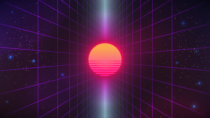 Synthwave Sunset Background. 80s Sun Backdrop. Pink perspective grid with retro Sun on dark starry sky. Retro Futuristic pink party flyer, banner, poster template. Sci-fi stock vector illustration