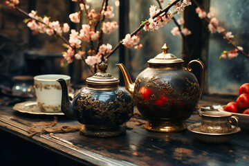 tea and desserts on a table on a spring day - obrazy, fototapety, plakaty