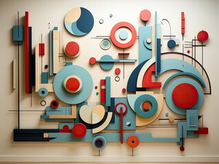 Illustration of an abstract painting hanging on a wall in a vibrant room. Generative AI
