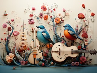 Illustration of birds, flowers, and a guitar in a vibrant and colorful painting. Generative AI