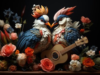 Illustration of two birds perched beside a guitar. Generative AI