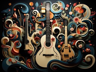 Illustration of a guitar and its case against a black background. Generative AI
