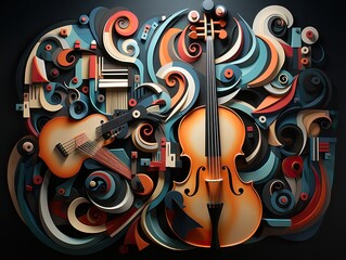 Illustration of a violin and other musical instruments on a black background. Generative AI