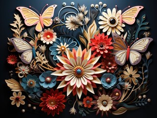 Illustration of beautiful floral and butterfly painting on a dark backdrop. Generative AI