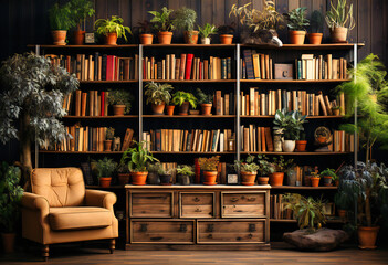 Obraz premium a bookshelf filled with many books and a potted plant