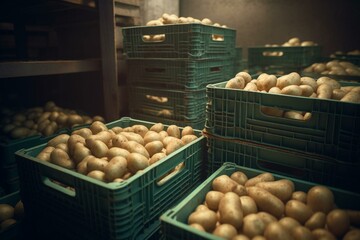 Plastic boxes stacked with freshly harvested young potatoes in an agricultural farm or vegetable processing factory. Generative AI