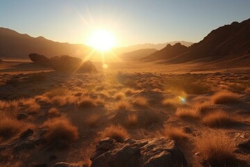 Sunrise view of Ahaggar Mountains in Algerian Sahara. Generative AI - obrazy, fototapety, plakaty