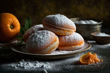 Delicious homemade Polish donuts with powdered sugar and marmalade. Enjoyed on Fat Thursday in Berlin. Generative AI