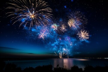 A dark sky featuring blue and vibrant fireworks in the front. Generative AI