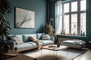 Modern cozy apartment with large windows, neutral sofa, potted plant, blue wall, and artwork. Generative AI