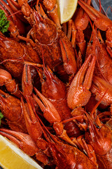 Table with cooked crayfish