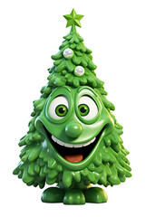 Classic green Christmas tree with face 3d character, transparent background