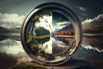Clock with scenery inside. Image. Generative AI
