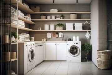 Modern laundry space with white shelves. Generative AI