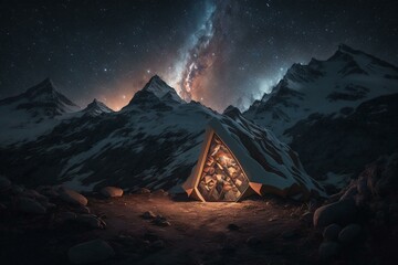 Glowing shelter amid mountainous terrain and starry night. Generative AI